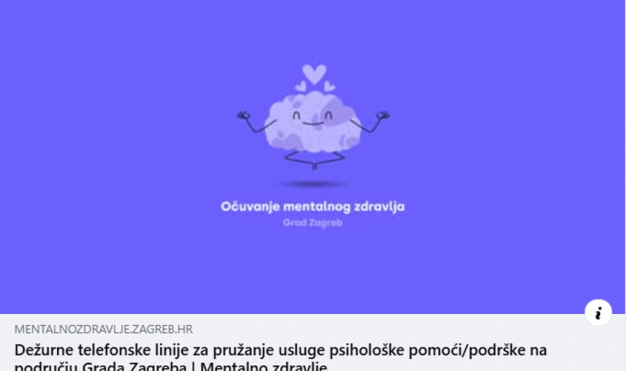 Dežurne telefonske linije za pružanje usluge psihološke pomoći/podrške na području Grada Zagreba
